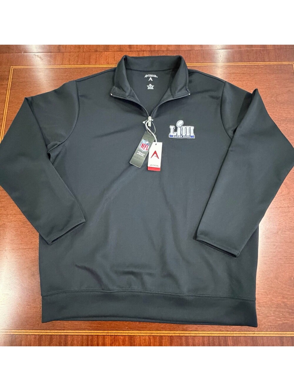 NWT Antigua Super Bowl LIII 53 Pullover Mens XL Black NFL Quarter Zip 2019